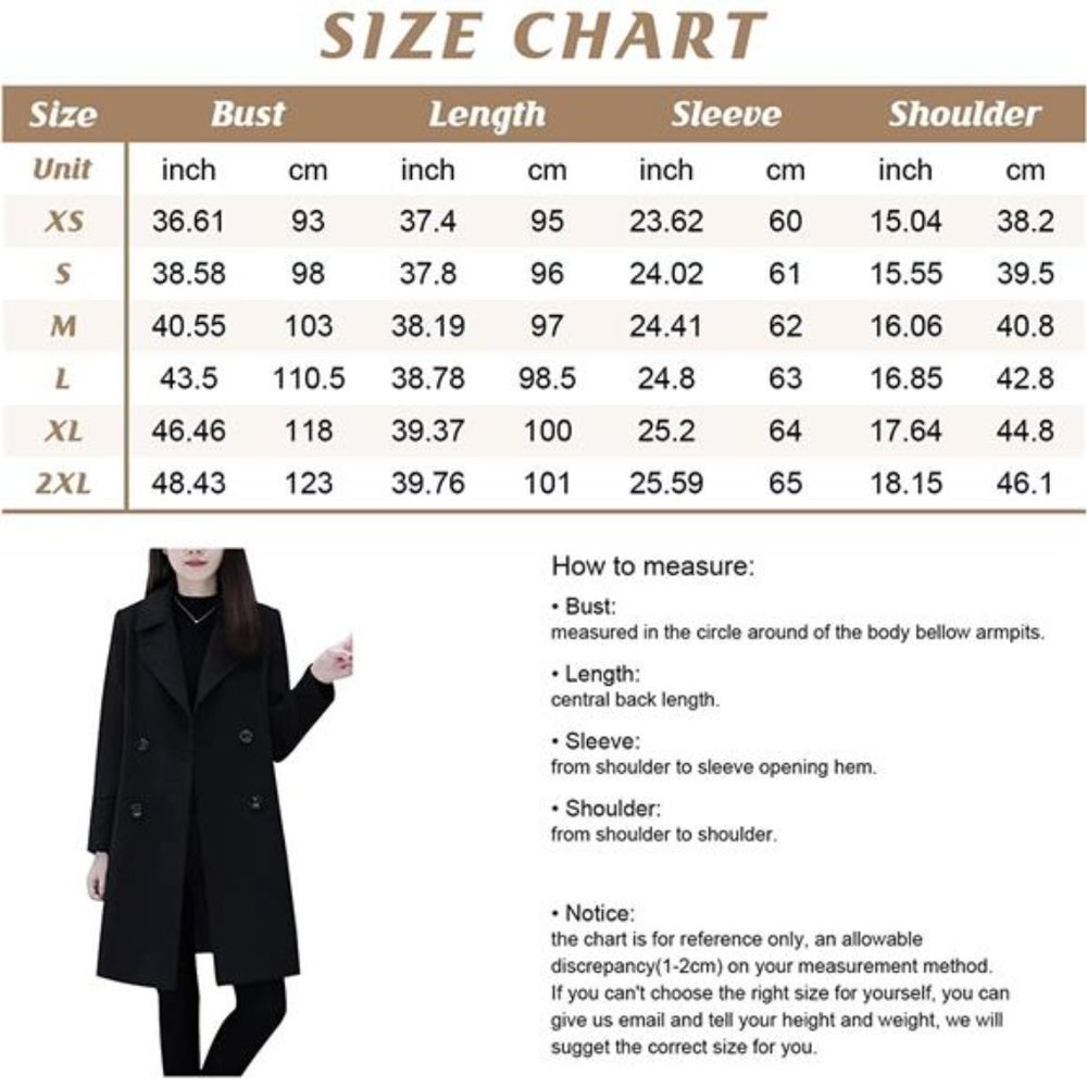 Women's Double Breasted Mid-Long Wool Blend Pea Coat, Khaki - Picture 3 of 3